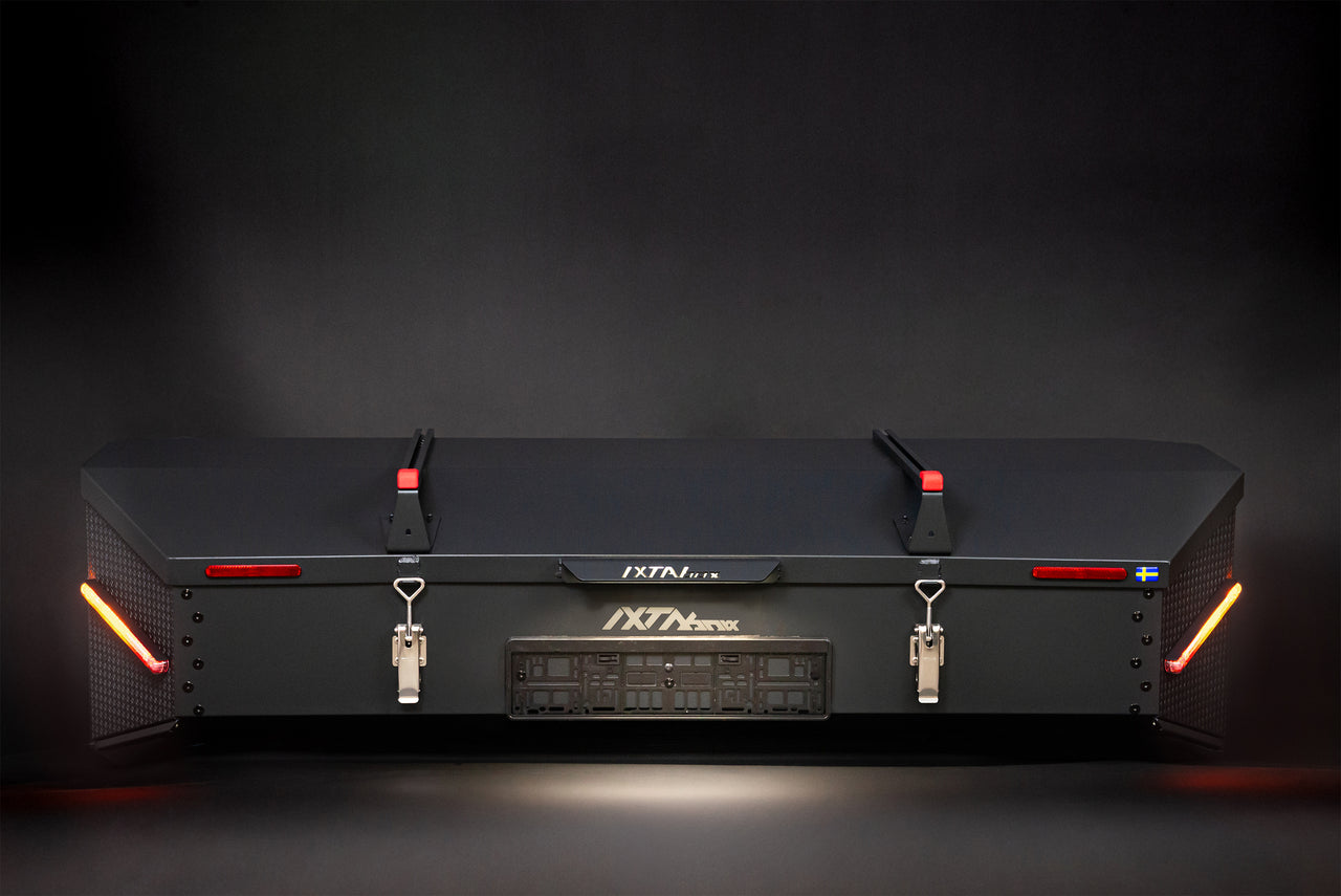 IXTAbox Pro towbar-mounted cargo box, LED lit registration sign holder